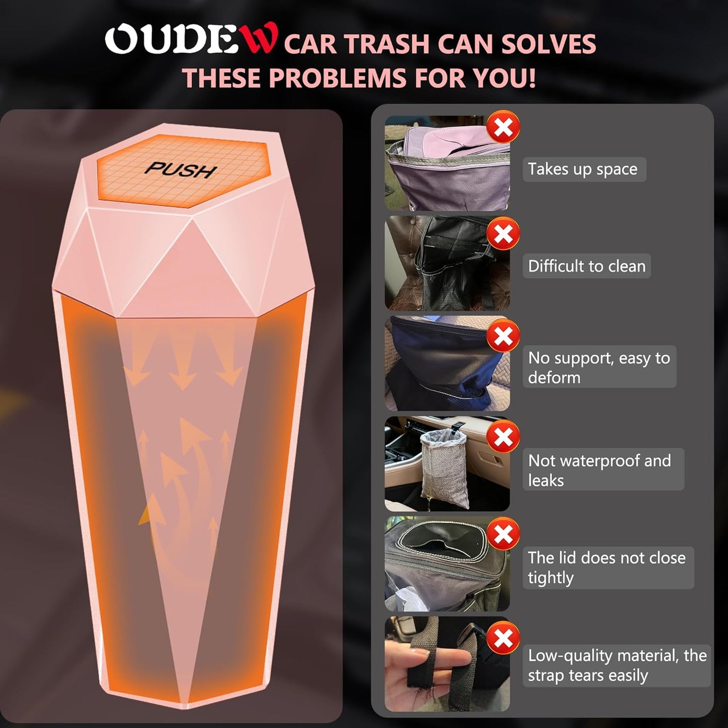 Car Trash Can with Lid - 2-Pack, Interior Accessories for Vehicles, Leakproof Garbage Can with 30 Detachable Trash Bags, Multipurpose Organizers and Storage Solutions for Home and Office