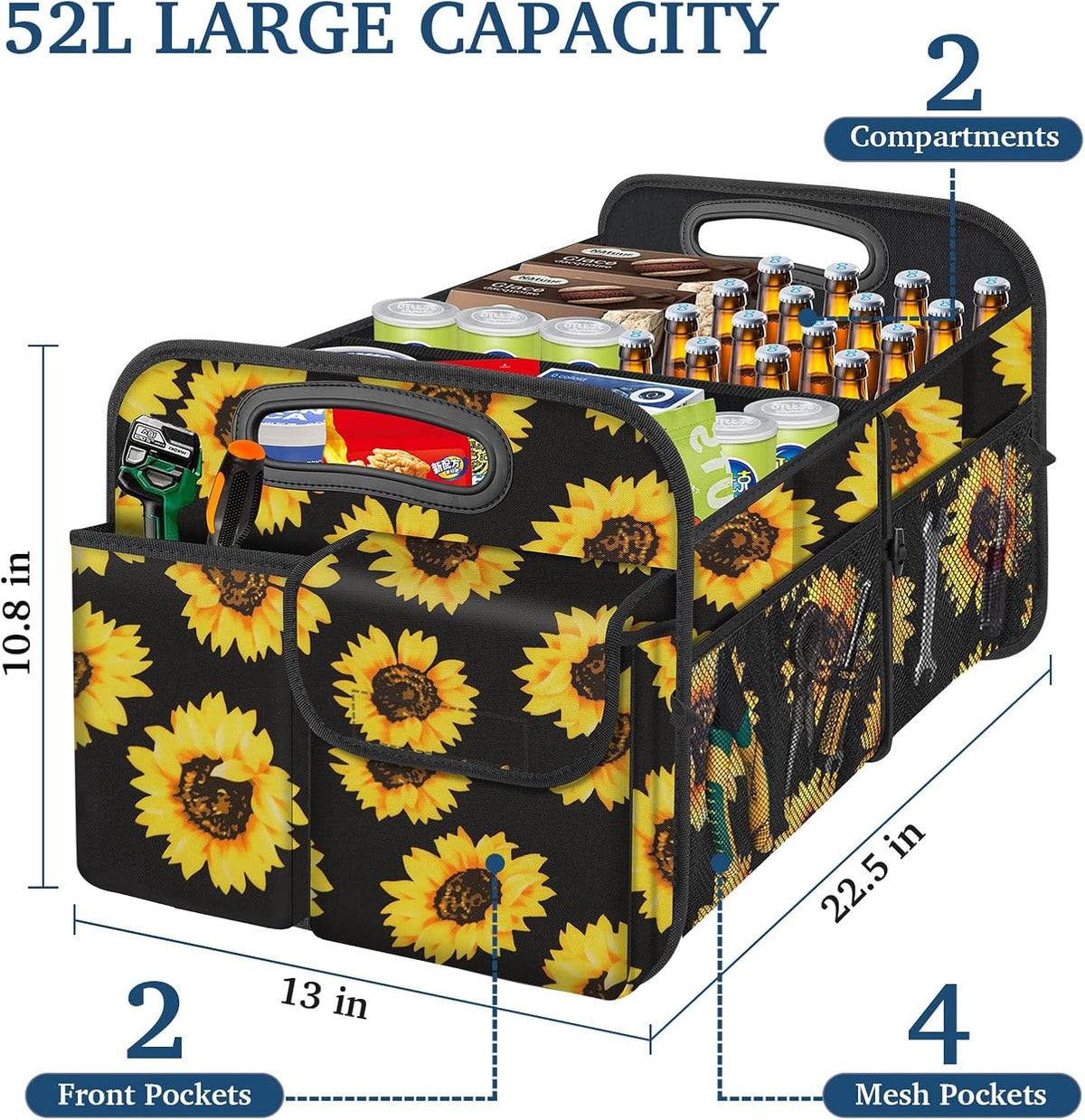 Femuar Car Trunk Organizer with Large Capacity Waterproof Car Accessories for Women & Men, Collapsible Trunk Organizer for Suv/Jeep/Sedan,Tools (Black, Standard)