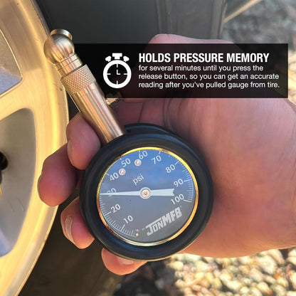 Tire Pressure Gauge for Cars and Trucks. 0-100 PSI Calibrated to ANSI B.40.1 Accuracy. Large 2 Inch Easy to Read Gauge and 360 Degree Rotation for Easy Connection., 200-100R