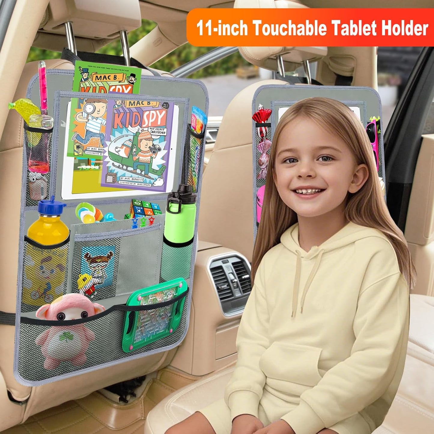 2Pack Car Backseat Organizer with Foldable Table Tray,6 Storage Pockets Car Storage Organizer with Tablet Holder,Car Seat Back Protectors Kick Mats Travel Accessories (Black)