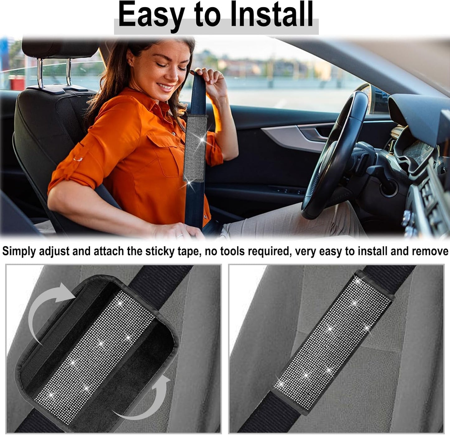 ecocstm 2 PCS Bling Car Seat Belt Shoulder Pads, Bling Seat Belt Covers with Bling Rhinestones, Car Accessories Seatbelt Strap Pad with Crystal Diamond for Car, Truck, SUV (White Diamond)