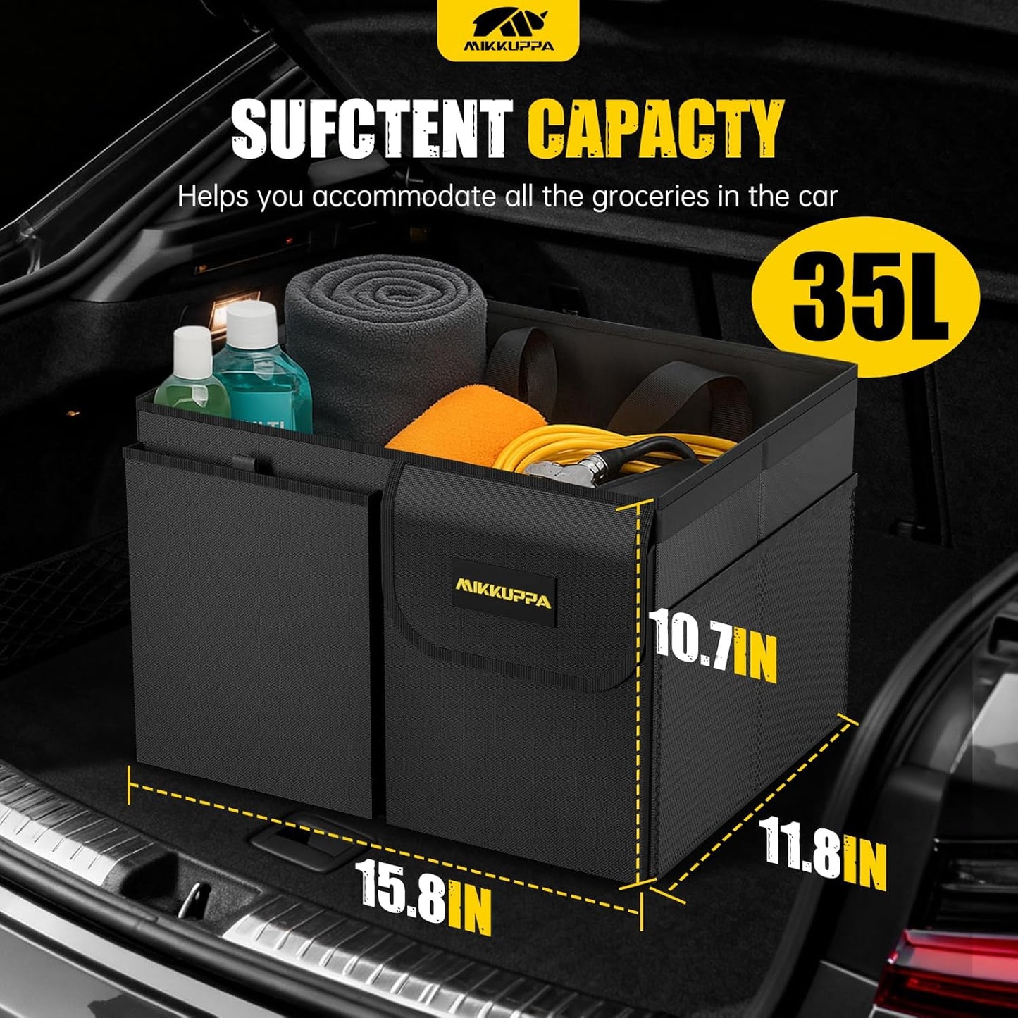 MIKKUPPA Car Trunk Organizer - 65L Collapsible Trunk Organizer with Lid, Sturdy Car Storage for SUV Auto Truck Van with Adjustable Straps and Non Slip Bottom (Black)