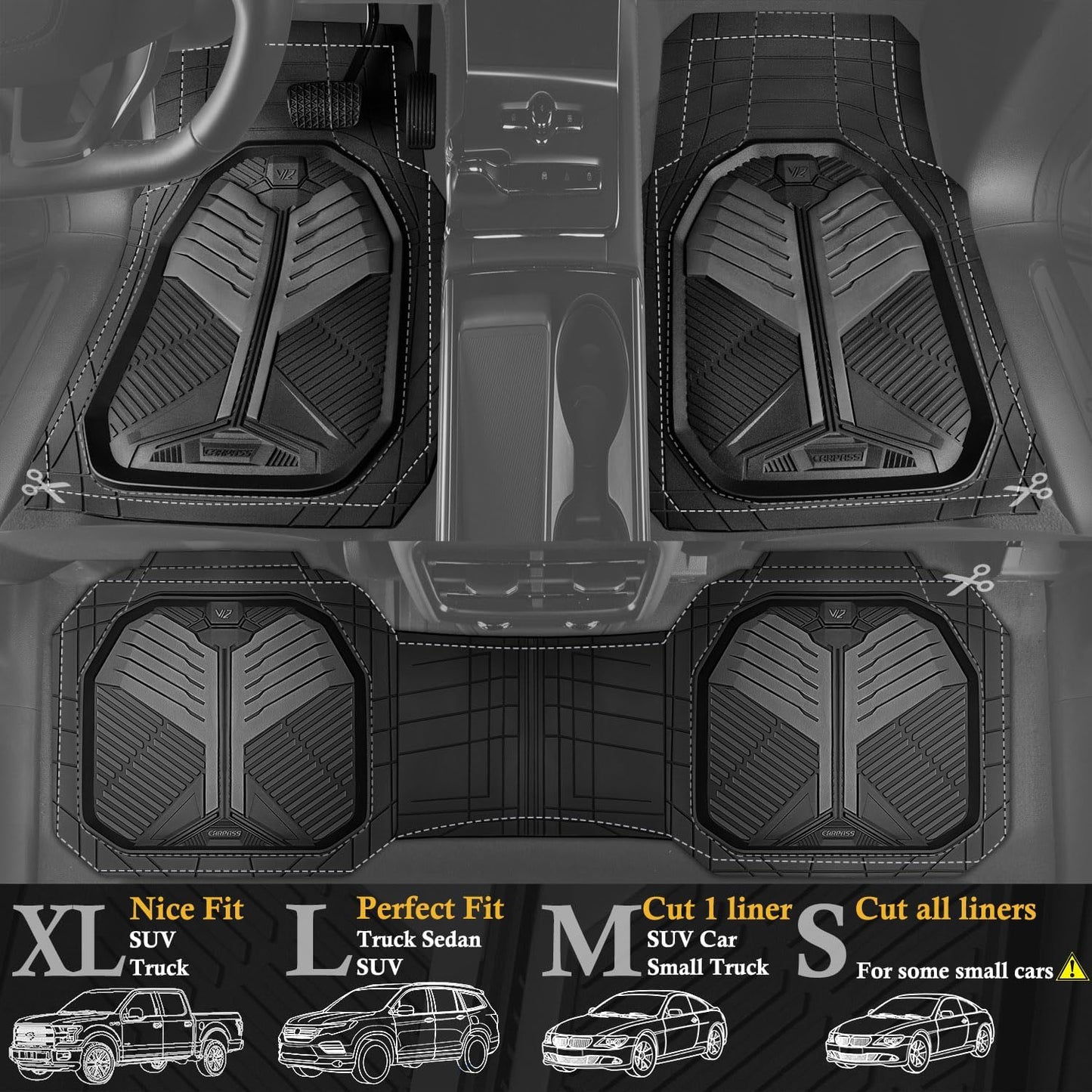 CAR PASS Heavy Duty Rubber Car Mats with Cargo Liner, Deep-Dish Car Floor Mats and Trunk Mat All Weather, Universal Trim-to-Fit for SUVs Trucks Sedans, Waterproof Anti-Slip, Trimmable V12 Black