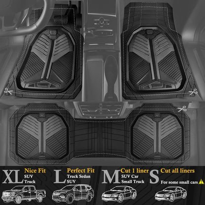 CAR PASS Heavy Duty Rubber Car Mats with Cargo Liner, Deep-Dish Car Floor Mats and Trunk Mat All Weather, Universal Trim-to-Fit for SUVs Trucks Sedans, Waterproof Anti-Slip, Trimmable V12 Black
