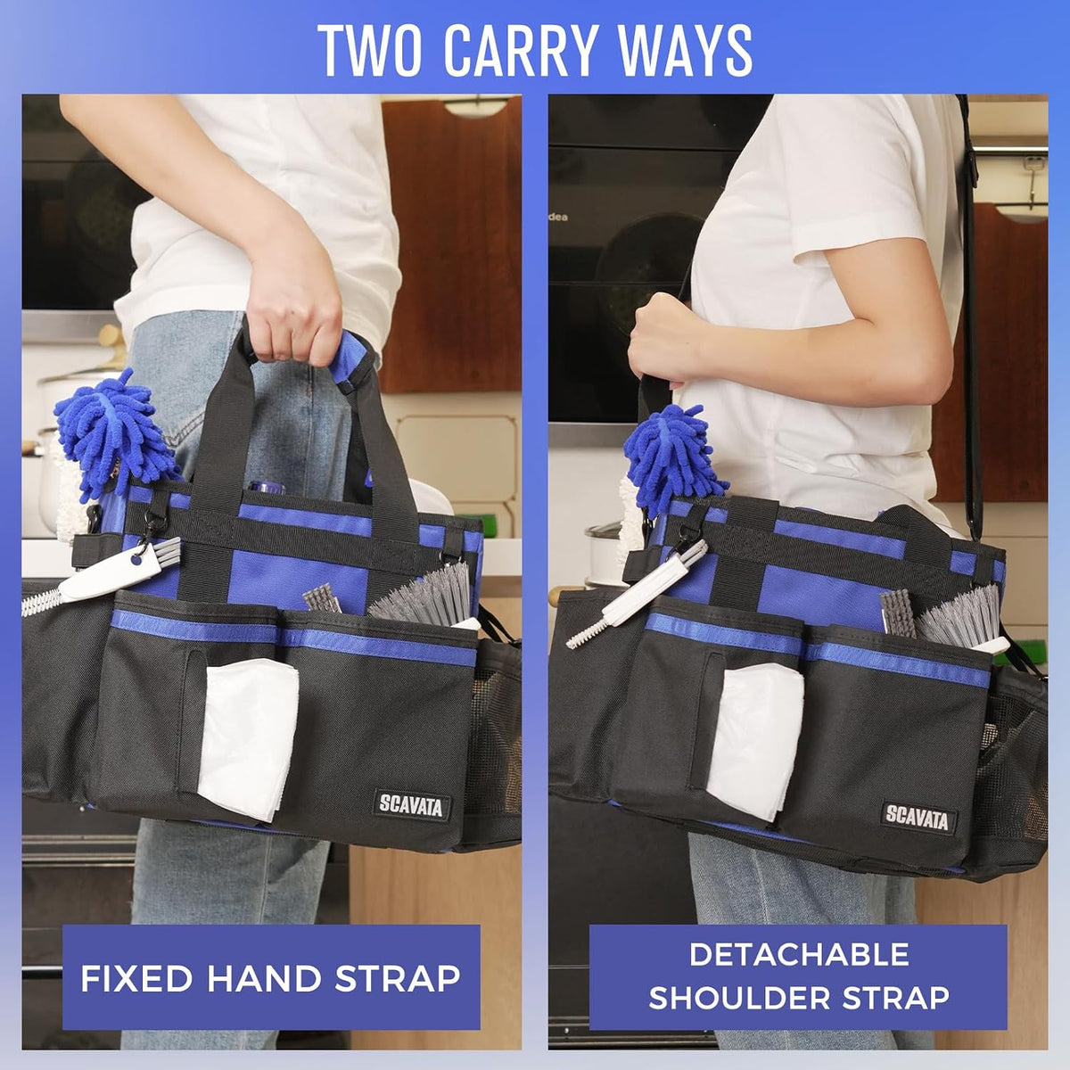 SCAVATA Compact Wearable Cleaning Caddy, Small Supplies Organizer with Handle & Shoulder Straps for Housekeepers, Under Sink & Car Cleaning Tool Organizer Bag (Black)