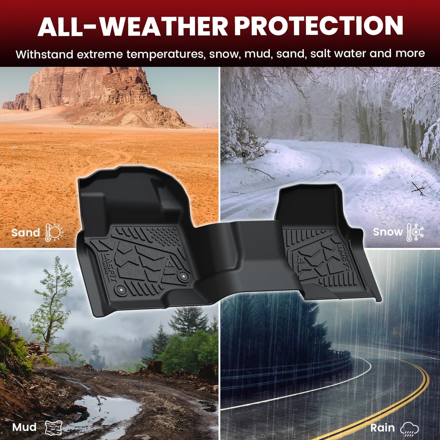 LASFIT Floor Mats for Ford F-150 2021-2026 | F150 Lightning 2022-2025 SuperCrew (Rear w/Fold Flat Storage) Carpet Floor All Weather Car Liners TPE Truck Mats - 1st and 2nd Row, 3pcs Black