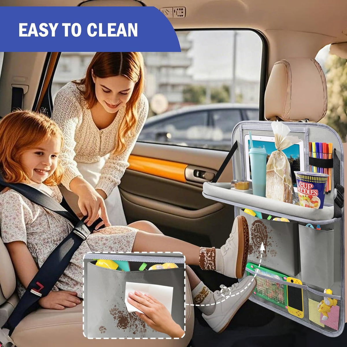 2Pack Car Backseat Organizer with Foldable Table Tray,6 Storage Pockets Car Storage Organizer with Tablet Holder,Car Seat Back Protectors Kick Mats Travel Accessories (Black)