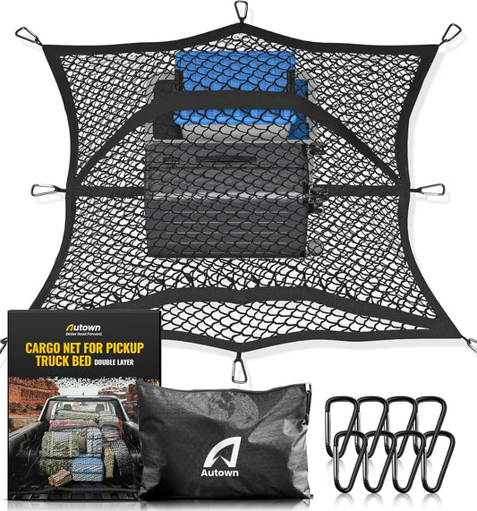 AUTOWN Cargo Net for Pickup Truck Bed - Stretchable 4'x4' to 7'x7', High Elastic Fine Mesh 1''x1'' with 8 Metal Carabiners - Ideal for ATV, SUV, UTV, Truck and Boat Use (Single Layer)