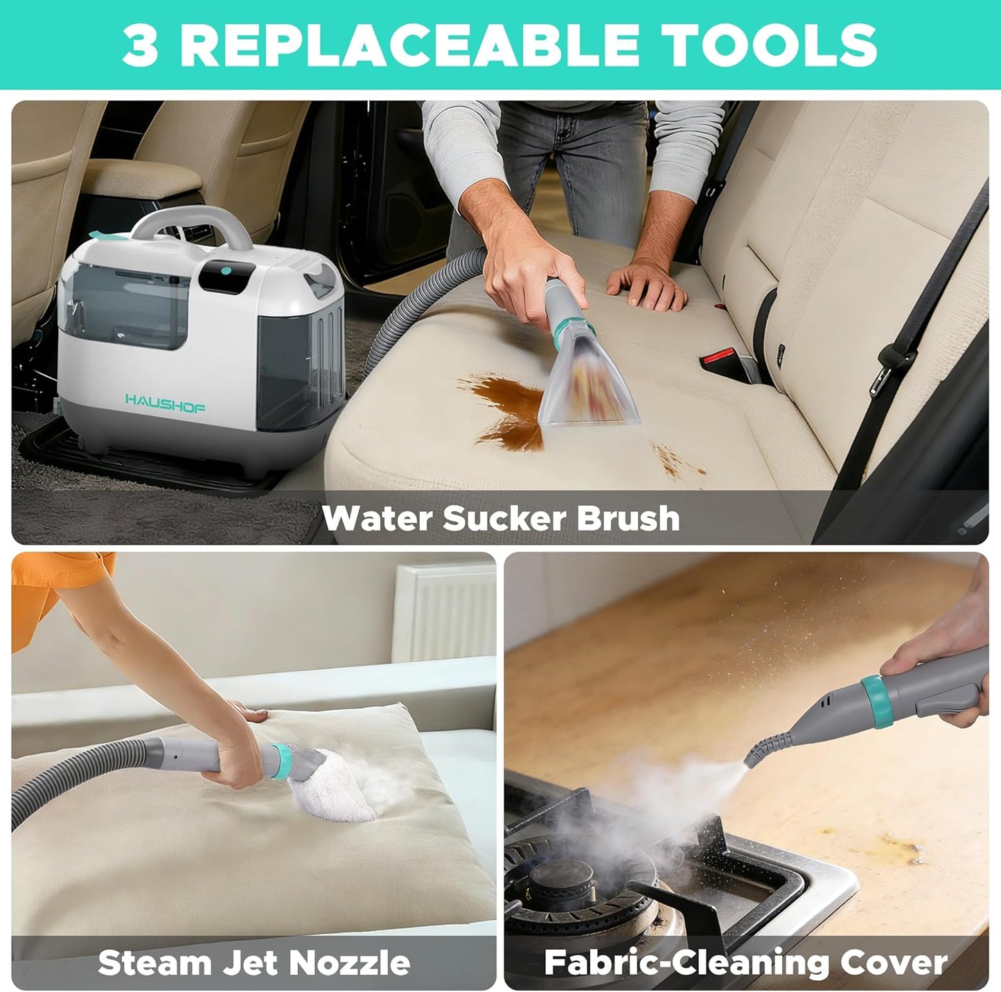 HAUSHOF 3-in-1 Steam Portable Carpet and Upholstery Cleaner Machine, Instant Heating Portable Carpet Cleaner with Steam & HotWater & Cold Water System, Steam Vacuum Cleaner for Cars, Furniture, Couch