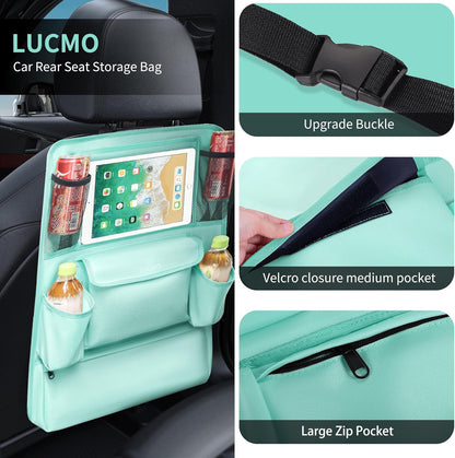 LUCMO Car Backseat Organizer with Tablet Holder,6 Storage Pockets Car Storage Organizer with Foldable Food Tray,Protectors Kick Mats Travel Accessories-Black