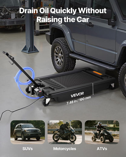 VEVOR Low Profile Oil Drain Pan, 17 Gal Capacity, Rolling Oil Drain Pan with 110V High-Flow Electric Pump, 7.2 ft Hose & T Folding Handle, Leak-proof & Corrosion-resistant, Fit for Trucks, ATVs, Black
