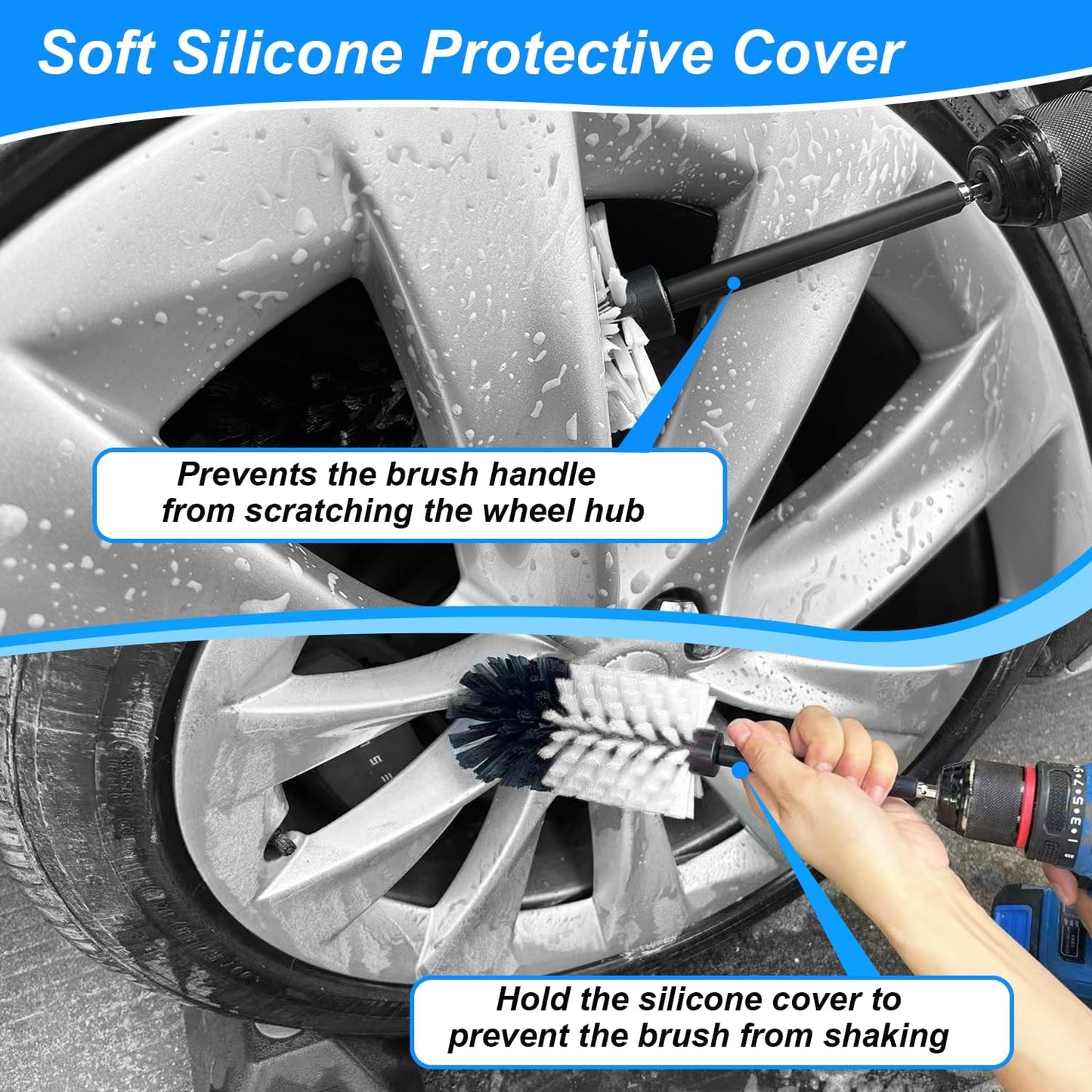Wheel Brush Kit, Soft Drill Wheel Cleaner Brush, No Scratches Highly Dense Car Cleaning Brush Set for Wheels, Rims, Engines, Exhaust(Red/Black,2Pcs)