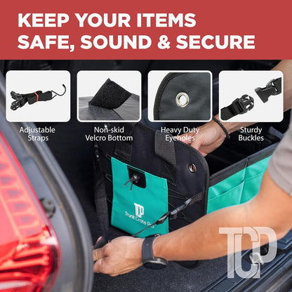 TRUNKCRATEPRO Trunk Organizer For Car, Suv, Truck | Premium Adjustable Multi Compartments Collapsible Car Trunk Organizer With Securing Straps & Non-Slip Bottom (Large Size, Black)