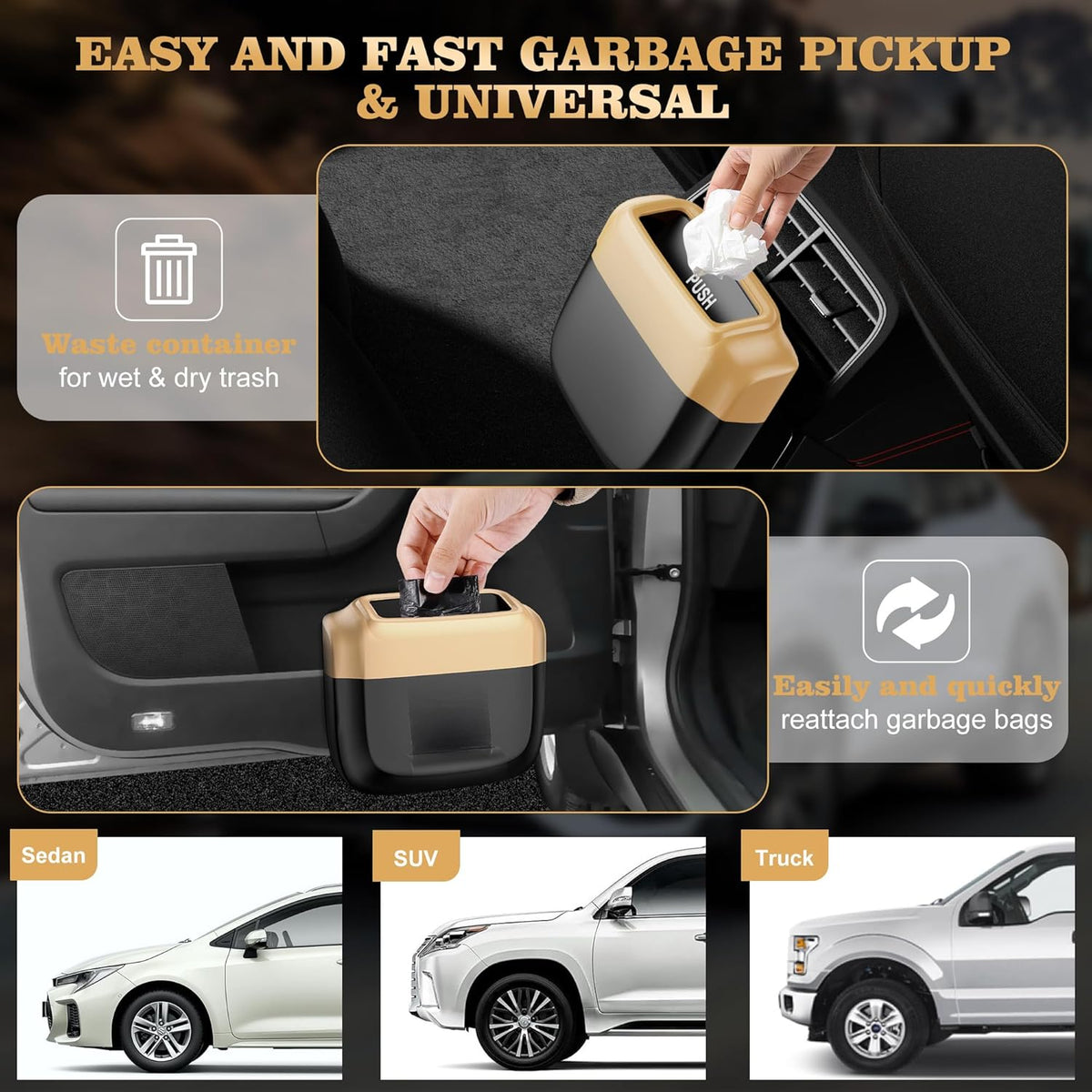 2 Packs Car Trash Can with Lid，Built-in Storage Garbage Bag，Leakproof Vehicle Trash，Car Accessories for Interior,Mini Garbage Bin for Automotive, Office, Kitchen,Bedroom，with 60pcs Trash Bags