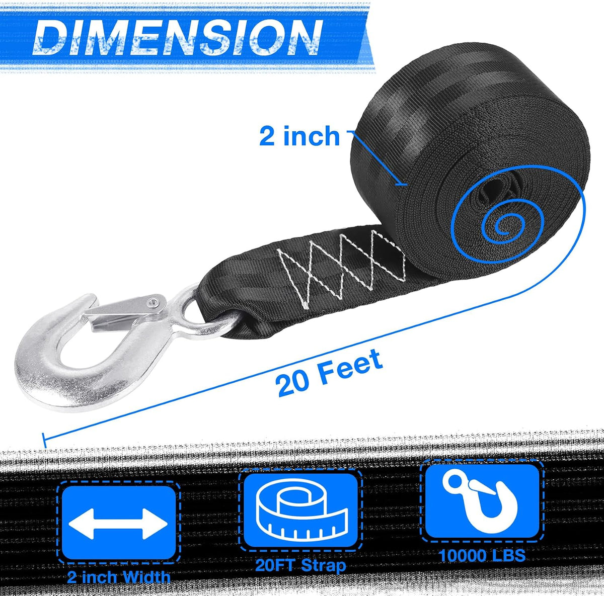Tow Strap with Hooks, 2" x 20ft Heavy Duty Recovery Strap 15000 lbs Capacity Towing Straps for Car Truck Boat ATV Roadside Emergency