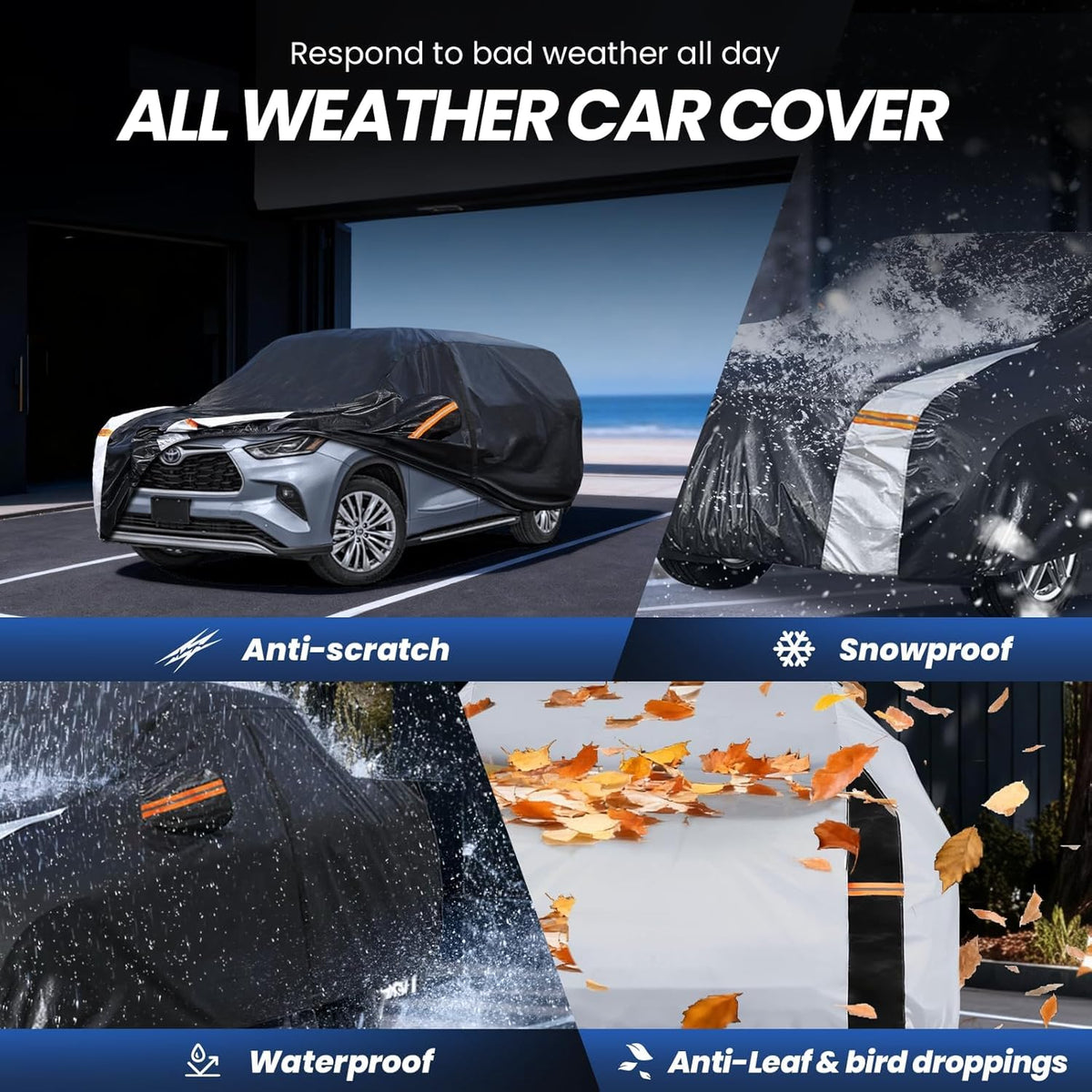 Large SUV Car Cover for Chevy Suburban 100% Waterproof All Weather, Heavy Duty Outdoor Full Exterior Covers Rain Sun Wind UV Protection. - Colors A