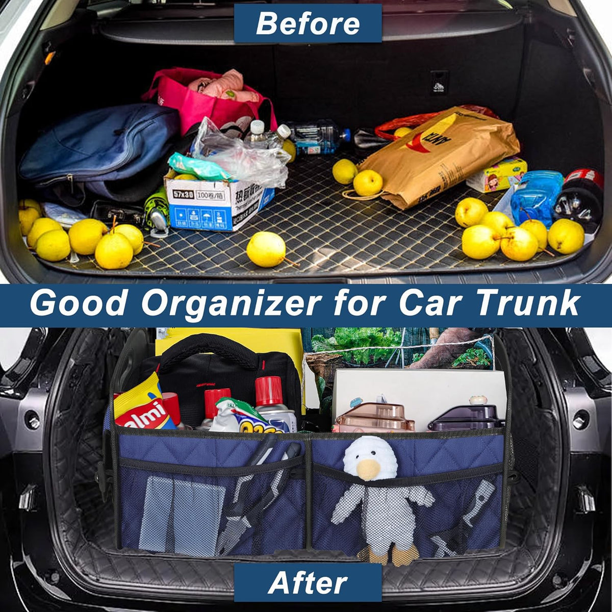 Deosk Car Trunk Organizer for SUV, Car Organizers and Storage with Reinforced Handles, Car Accessories for Women/Men 50LWaterproof Polyester Trunk Organizer, Black