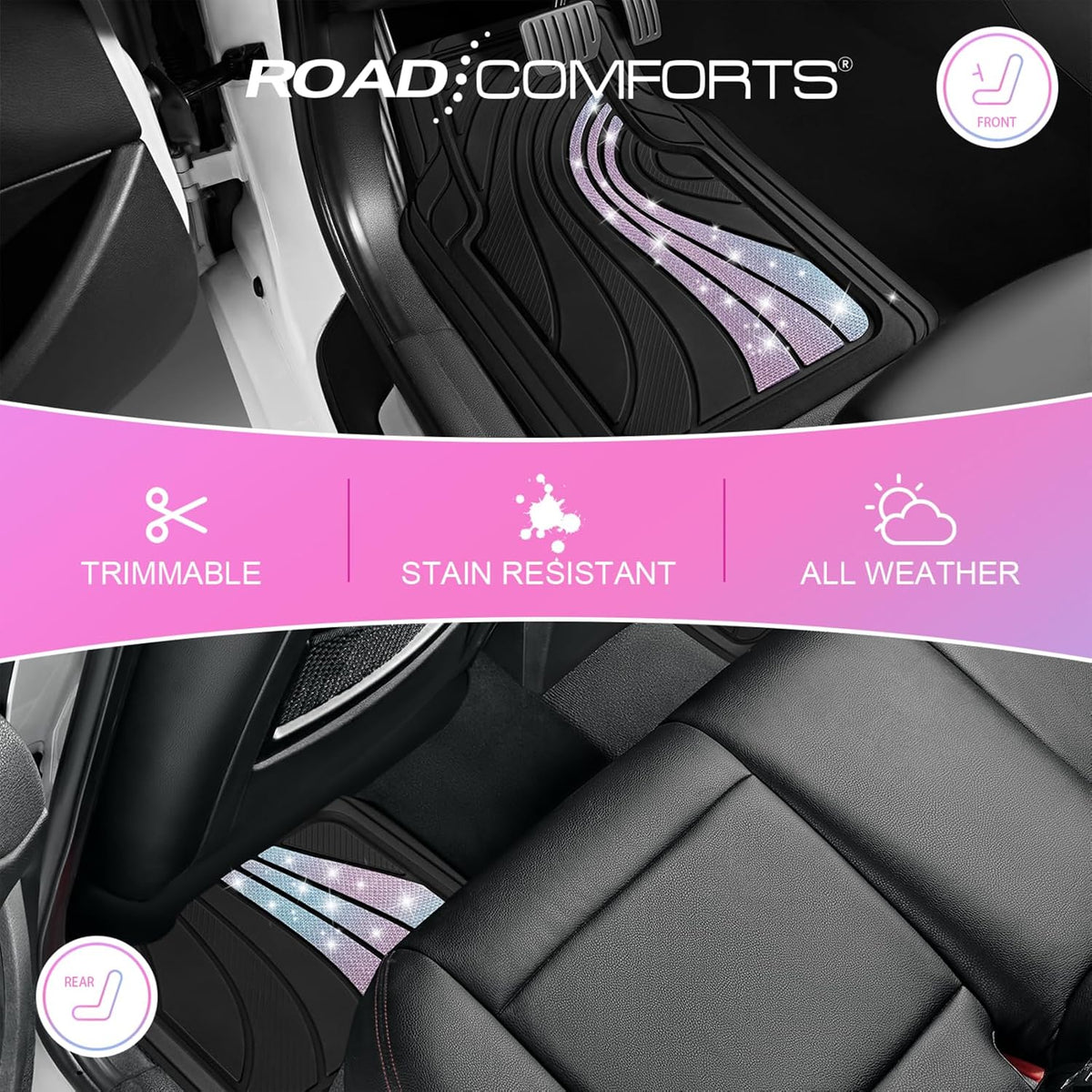 Road Comforts Car Floor Mats Full Set – Front & Rear Car Floor Mats with Aluminum Design, Anti-Slip Backing, All-Weather Protection, Trim-to-Fit Car Mats for Most Sedans, SUVs & Vans -All Pink