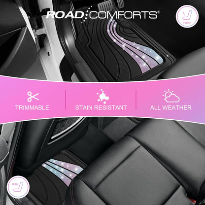 Road Comforts Car Floor Mats Full Set – Front & Rear Car Floor Mats with Aluminum Design, Anti-Slip Backing, All-Weather Protection, Trim-to-Fit Car Mats for Most Sedans, SUVs & Vans -All Pink