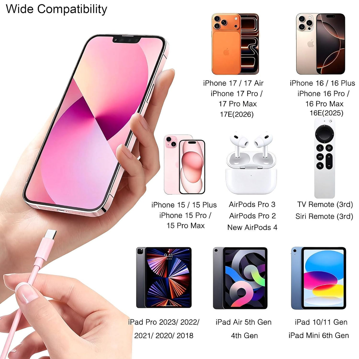 Car Carplay Cable for iPhone 17/16/15, USB A to USB C Cable Compatible for iPhone 17/16,17Air, 17/16/15 Pro Max,17E/16E/Plus, iPad 10th/11 Gen,iPad Pro 12.9,Air 5th/4th Charger Cord,Car Charging Cable