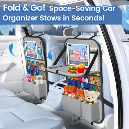 Car Backseat Organizer with table Tray(1Pack) 9 Storage Pockets Backseat Car Organizer with Tablet Holder, Back seat Organizer for Kids Road Trip Essentials Travel