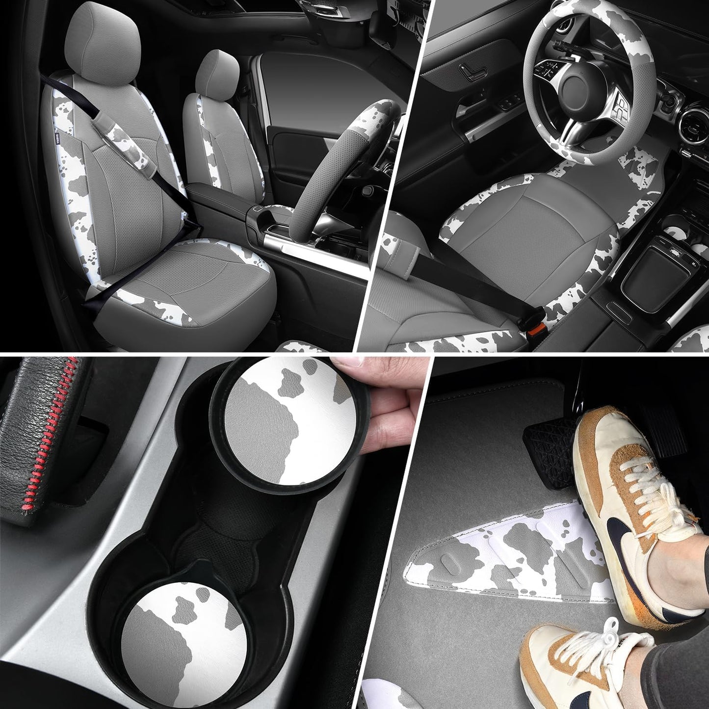 CAR PASS Waterproof Universal Car Floor Mats, Leopard Print Car Mats Fit for SUV,Vans,sedans, Trucks,Set of 4pcs Car Carpet with Driver Heel Pad and Nibs Backing, Leopard Car Accessories Gray Leopard