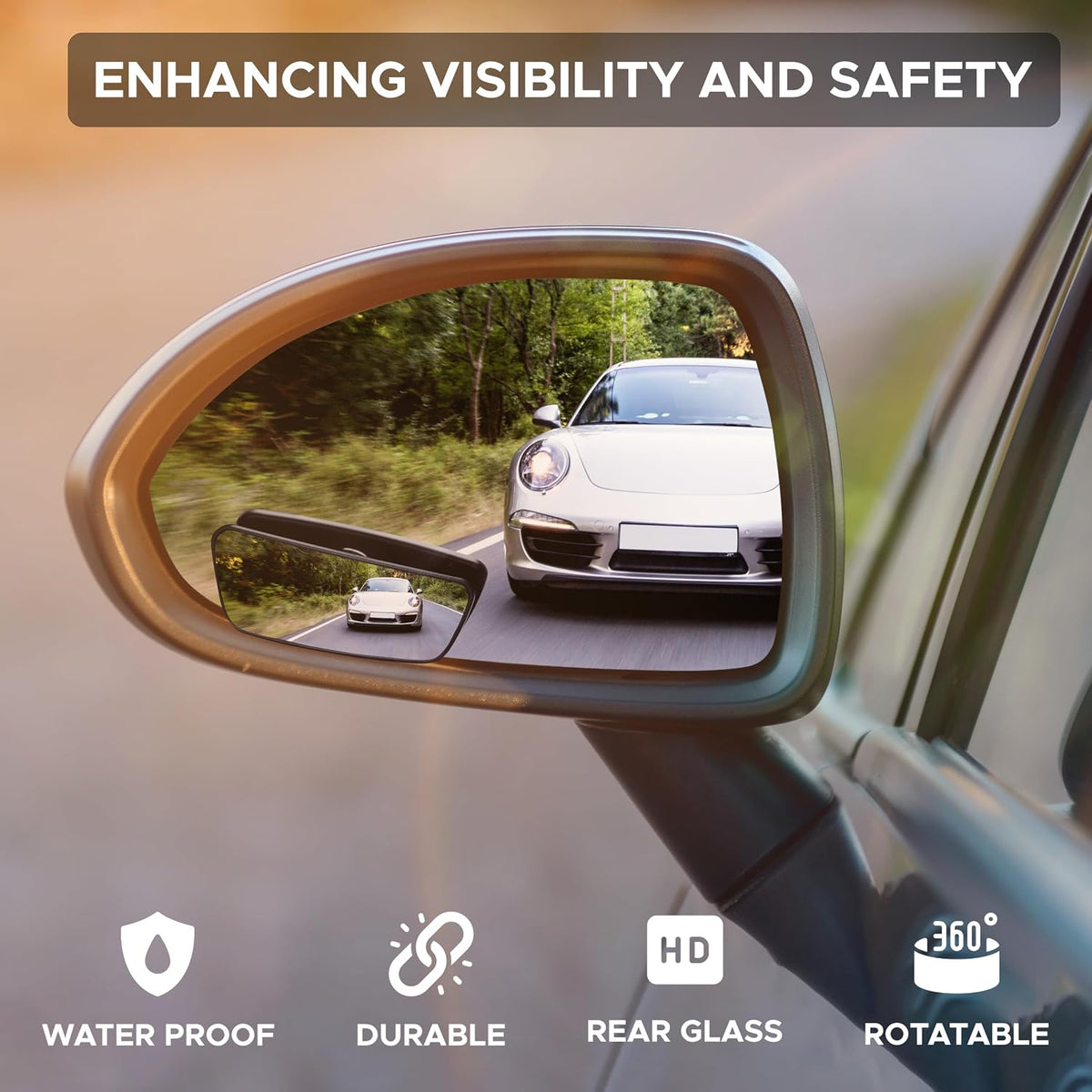 EcoNour Blind Spot Car Mirror (2 Pack) | Wide Angle for 3x Larger View | Universal Car Rear View Mirror with Rain Guard | Side Blind Spot with Adjustable Stick for Cars, SUVs, and Trucks