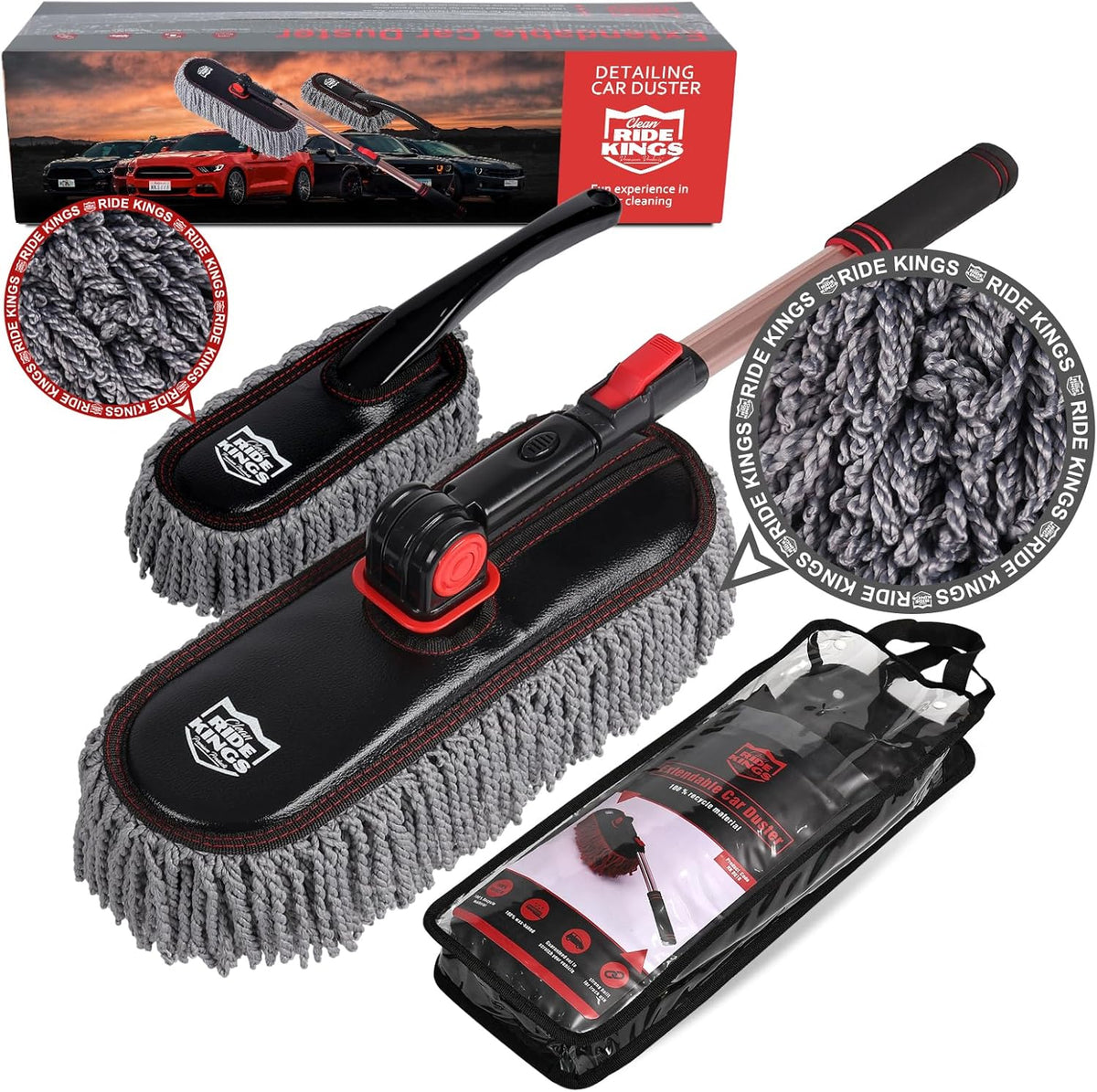 Car Duster Exterior with Extendable Handle, Scratch Free Auto Wash Brush Mop, Interior Detailing Kit for Truck RV Boat - Wax Cotton Duster & Interior Brush, Red