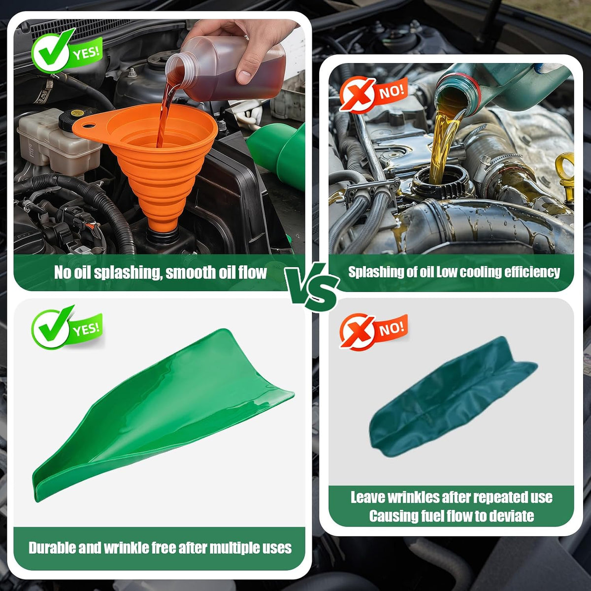 Flexible Oil Drain Funnel Set, 3PCS Reusable Silicone Foldable Oil Funnel for Spill-Free Oil Change, Moldable Draining Tool for Car Truck Motorcycle Garage Use