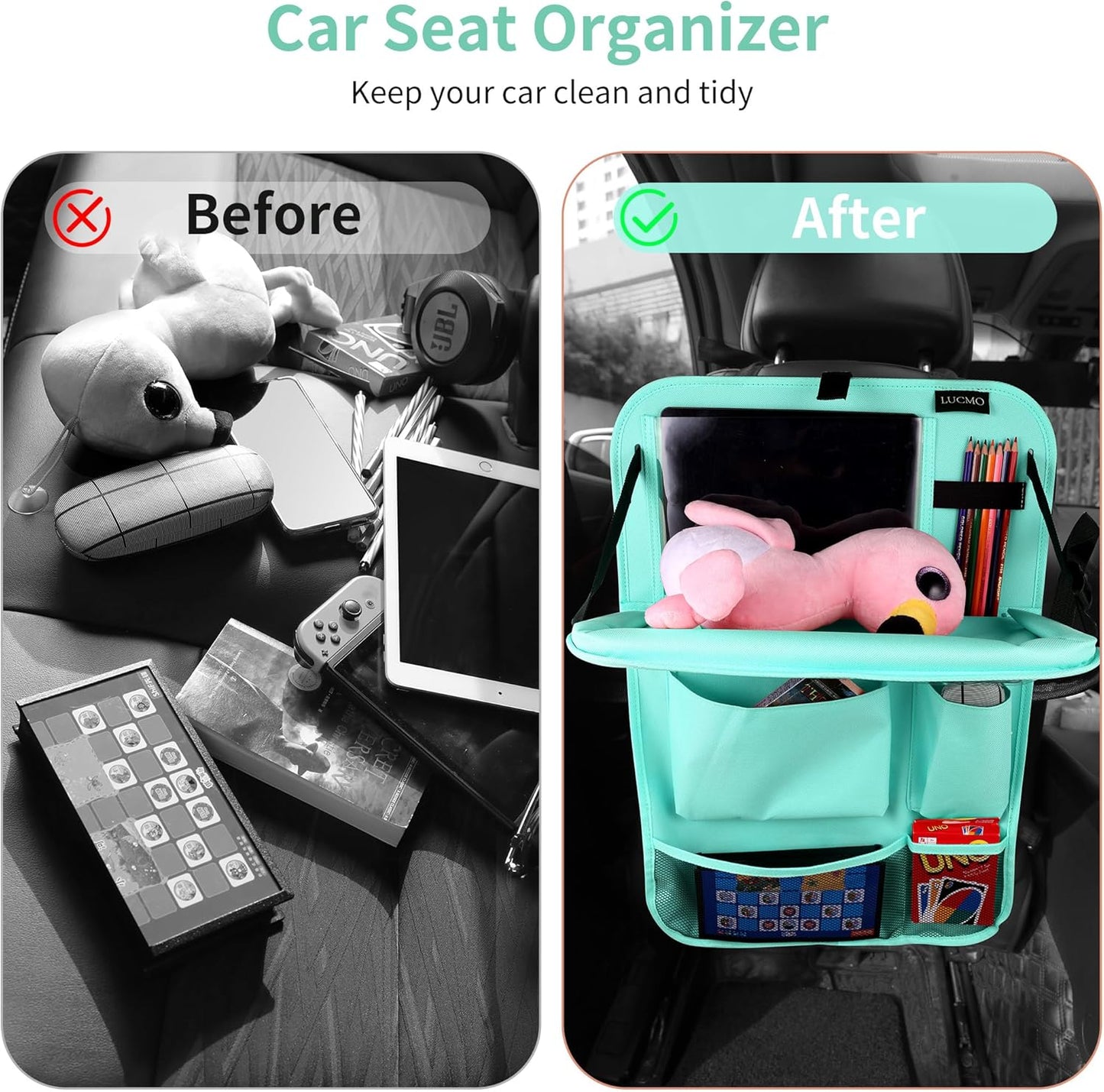 LUCMO Car Backseat Organizer with Tablet Holder,6 Storage Pockets Car Storage Organizer with Foldable Food Tray,Protectors Kick Mats Travel Accessories-Black