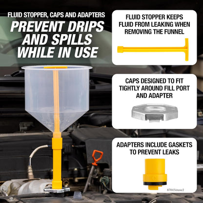 OEMTOOLS No-Spill Coolant Funnel Kit, 15 Piece Fluid and Oil Funnel Set, Allows Access To Hard-To-Reach Radiators
