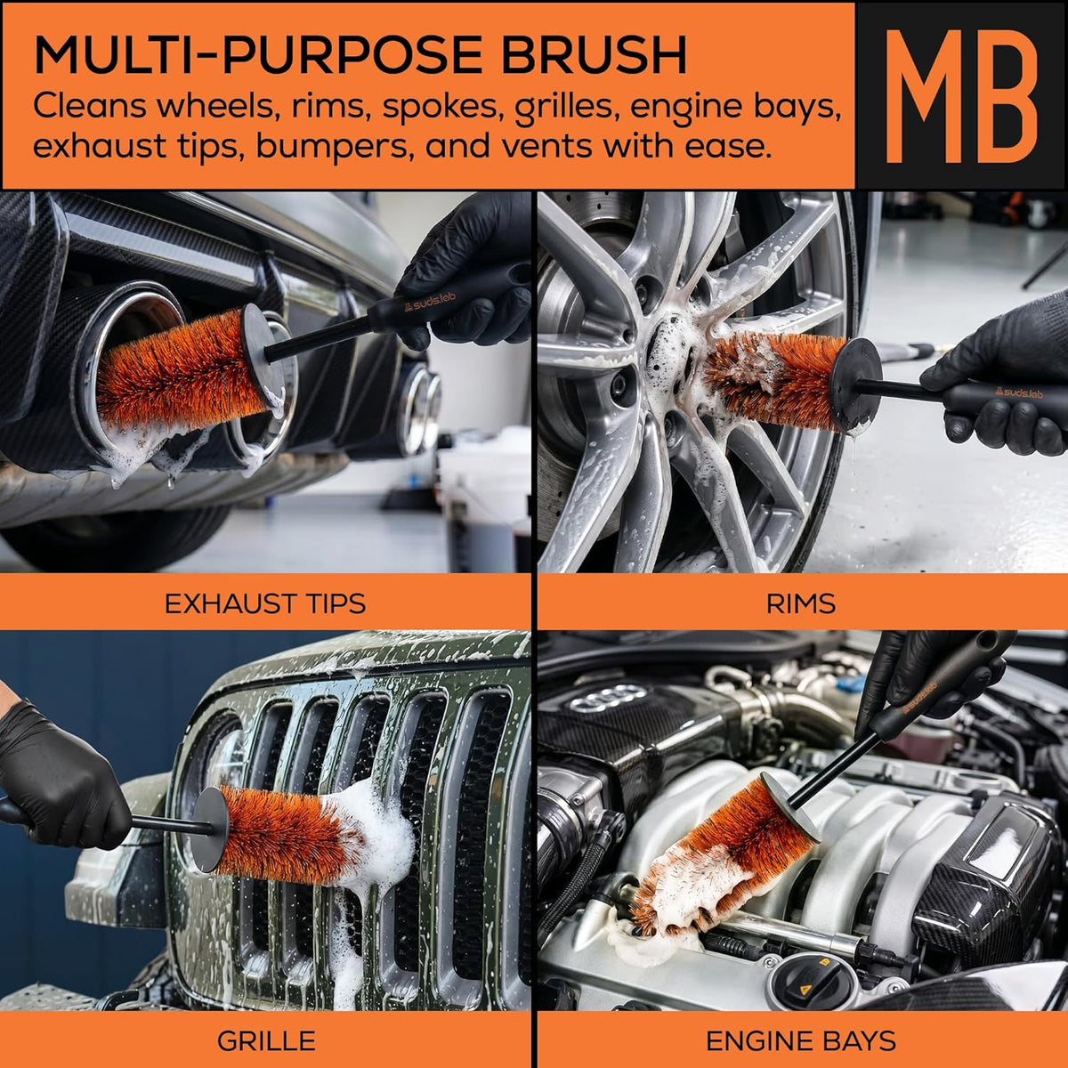 Suds Lab WB Premium Detailing Wheel Brush for All Vehicle Types – 17.7" Ultra-Soft and Scratch-Free Reusable Rim, Wheel, and Tire Brush for Deep Cleaning