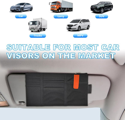 Car Sun Visor Organizer, Auto Interior Visor Storage Pouch Holder with Zipper, Multi-Pocket Net Personal Belonging Organizer, Universal Car Accessory for Cards, Documents (Black)