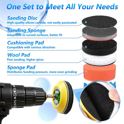 143 PCS 3 Inch 60-10000 Grit Headlight Restoration Kit, Wet Dry Hook and Loop Sanding Discs, Drill Polishing Kit Equipped with Sandpaper Pads and Rotary Tools for Wood, Metal, Glass and Small Jobs