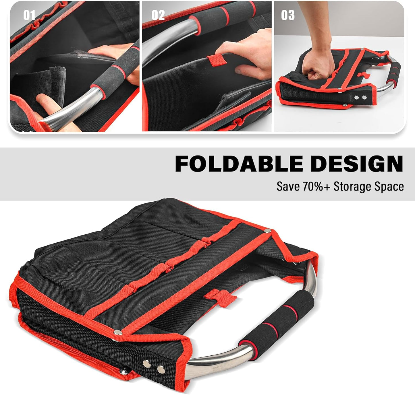 HAUTMEC 13 Inch Tool Bag, Foldable Open Top Tool Bag with Stiff Frame, Heavy-Duty Tool Tote with Padded Handle, Water-Resistant Base, Portable Tool Organizer for DIY & Jobsite Use – TB0001