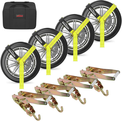 Heavy Duty Car Tie Down Straps with Flat Hook-10,000lbs Break Strength-4Pack Tire Ratchet Straps for Trailers,Trucks,UTV