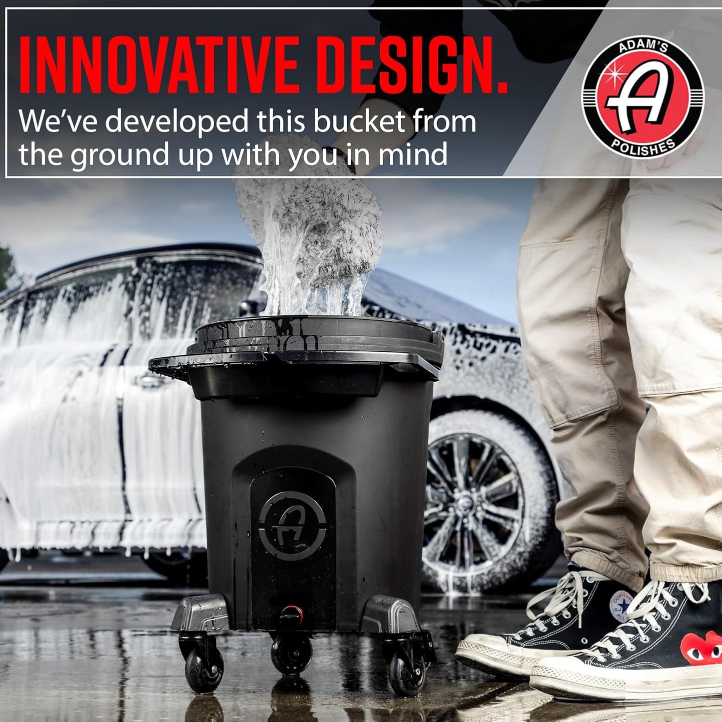 Adam's Complete Premium Detailing Bucket - Car Wash Bucket with Grit Guard, Seat Pad, Organization Rack, Drain Plug, 2 Locking Wheels | Innovative Detail 5 Gallon Bucket Kit System