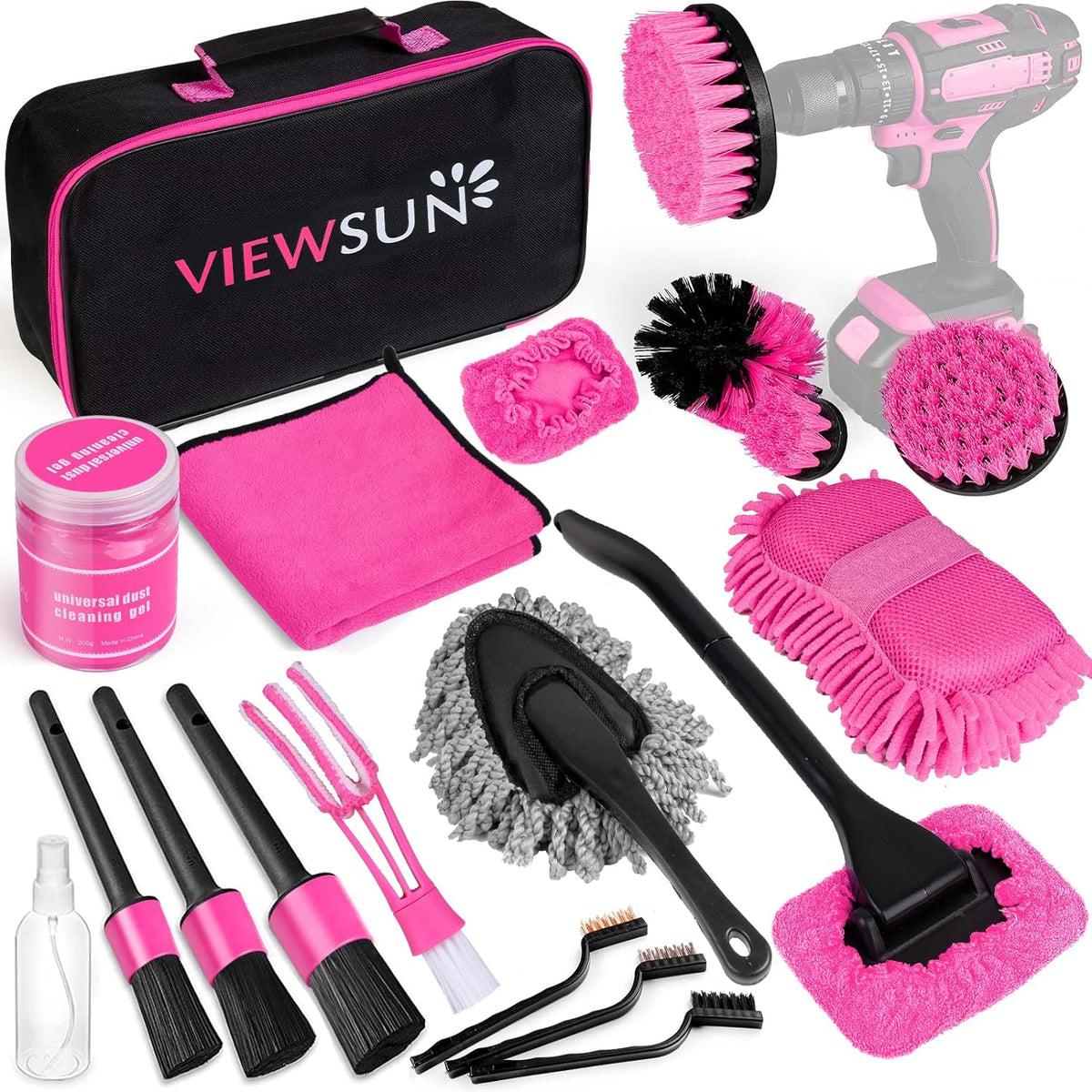17pcs Car Cleaning Kit, Pink Car Interior Detailing Kit with High Power Handheld Vacuum, Detailing Brush Set, Windshield Cleaner, Cleaning Gel, Complete Auto Accessories for Women Gift