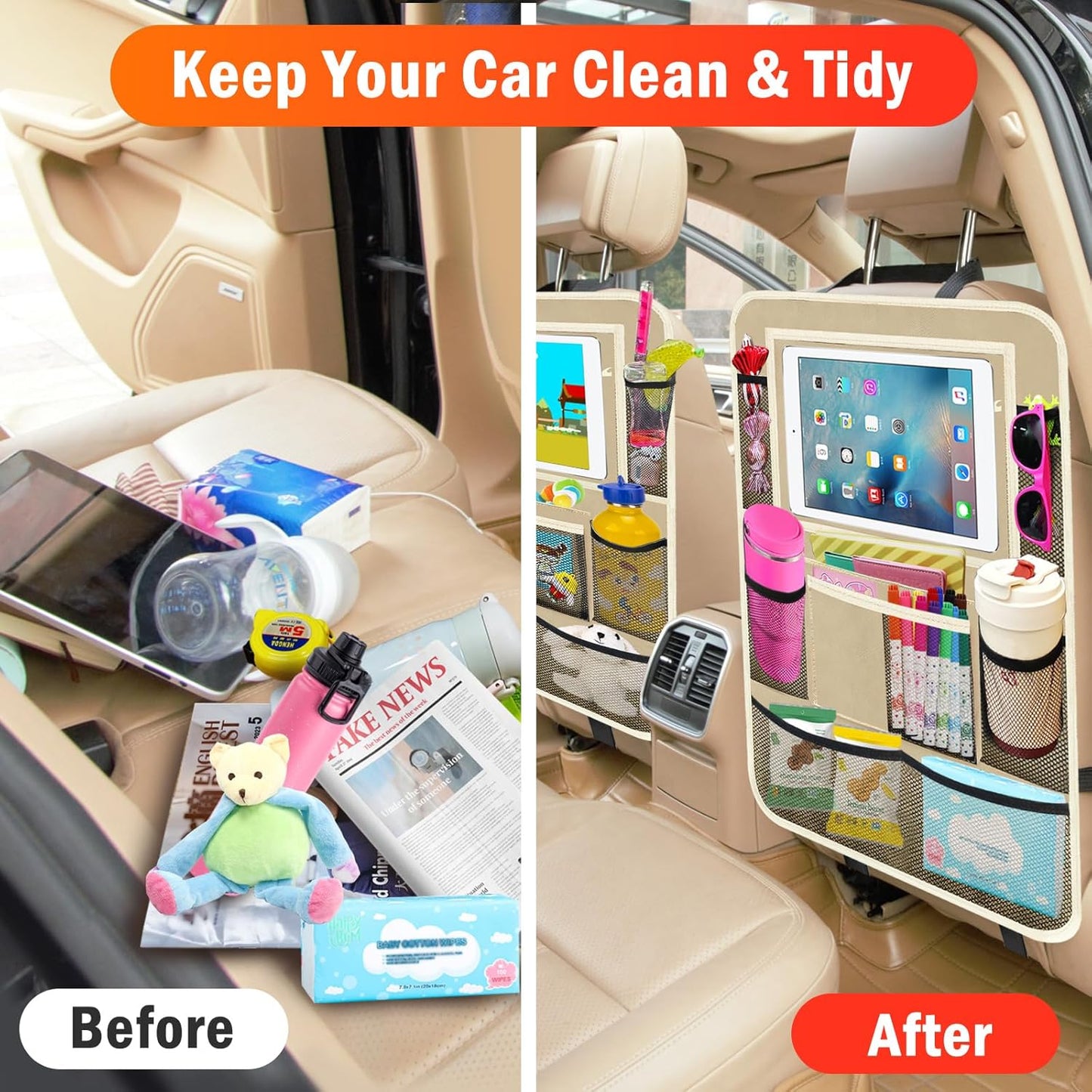 2Pack Car Backseat Organizer with Foldable Table Tray,6 Storage Pockets Car Storage Organizer with Tablet Holder,Car Seat Back Protectors Kick Mats Travel Accessories (Black)