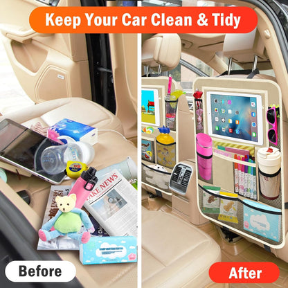 2Pack Car Backseat Organizer with Foldable Table Tray,6 Storage Pockets Car Storage Organizer with Tablet Holder,Car Seat Back Protectors Kick Mats Travel Accessories (Black)
