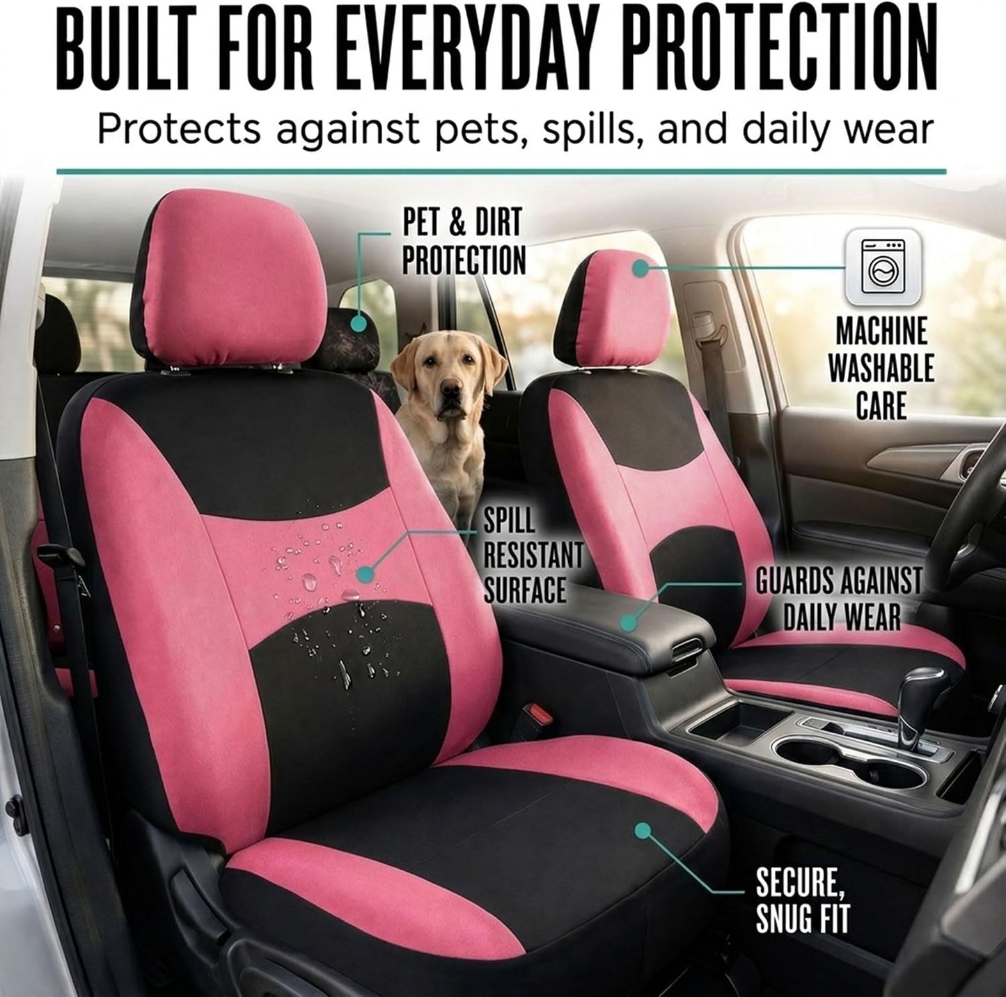 FH Group Full Set Cloth Car Seat Covers, Universal Fit Front and Split Bench Rear, Airbag Compatible, Washable for SUV, Sedan, Van - Black