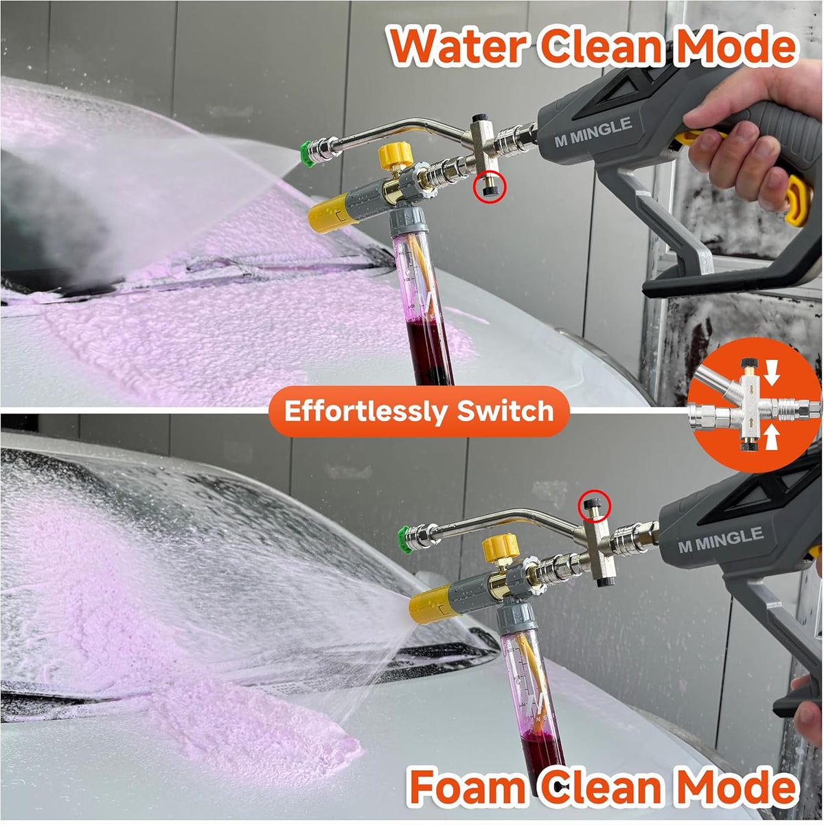 M MINGLE High Pressure Washer Gun with Foam Cannon, Foam Cannon Dual Connector Accessory, Car Wash Foam Gun Kit 1/4 Inch Quick Connector, 5 Pressure Washer Nozzle Tips