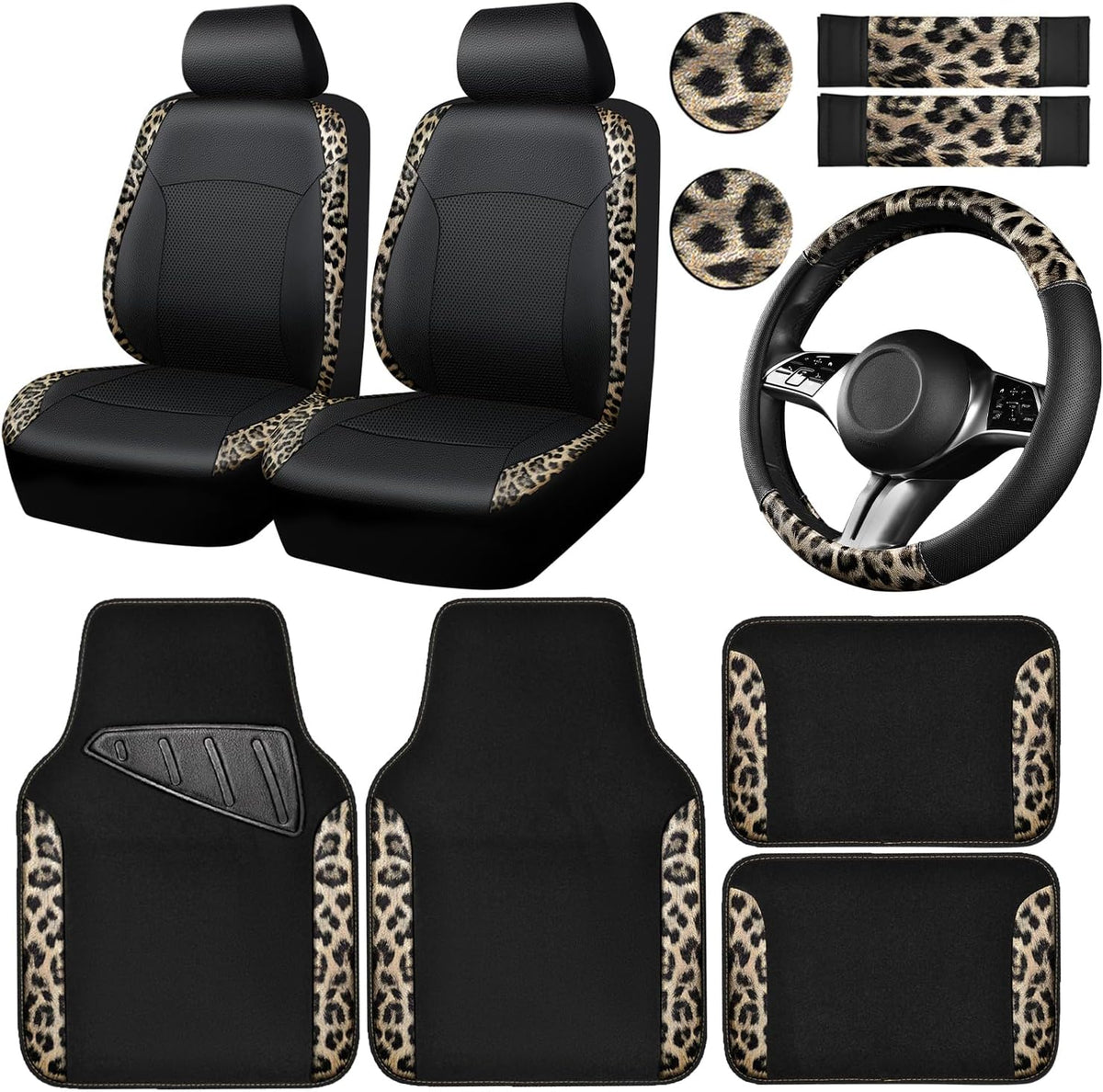 CAR PASS Waterproof Universal Car Floor Mats, Leopard Print Car Mats Fit for SUV,Vans,sedans, Trucks,Set of 4pcs Car Carpet with Driver Heel Pad and Nibs Backing, Leopard Car Accessories Gray Leopard