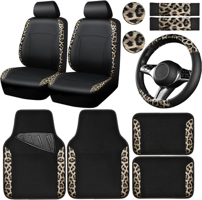 CAR PASS Waterproof Universal Car Floor Mats, Leopard Print Car Mats Fit for SUV,Vans,sedans, Trucks,Set of 4pcs Car Carpet with Driver Heel Pad and Nibs Backing, Leopard Car Accessories Gray Leopard