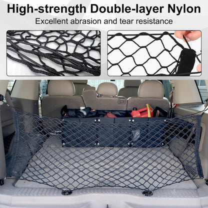 Cargo Net, Premium Dual-Layer Nylon Cargo Net for SUV, Automotive Exterior Accessories, Adjustable Elastic Trunk Net with Hook, Car Accessories for SUV, Truck, Pickup (35.4x15.7 Inch)
