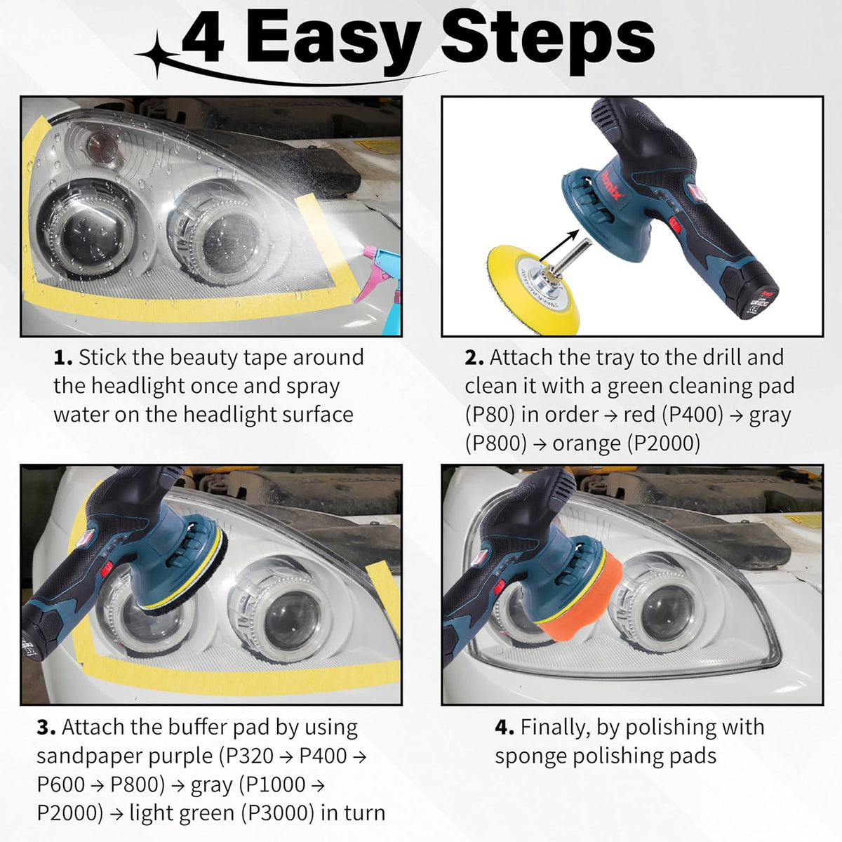 53 PCS Car Headlight Restoration Kit, 3 Inch Drill Sanding Disc with 1/4 Inch Shank Backing, Loop and Hook Sanding Paper, Scouring Pads, Polishing Sponge, Soft Interface Pad, Masking Tape