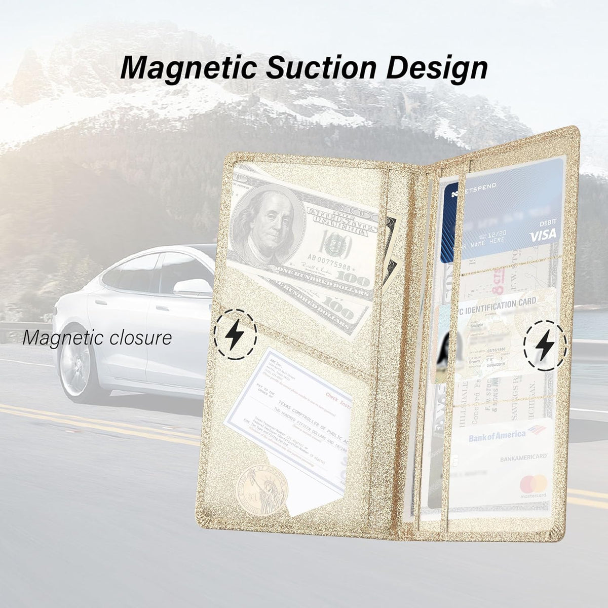 Stacool Bling Car Registration and Insurance Holder with Magnetic Clasp,PU Leather Car Organizers for ID,Bank Cards,Universal Glove Box Organizer (Purple)