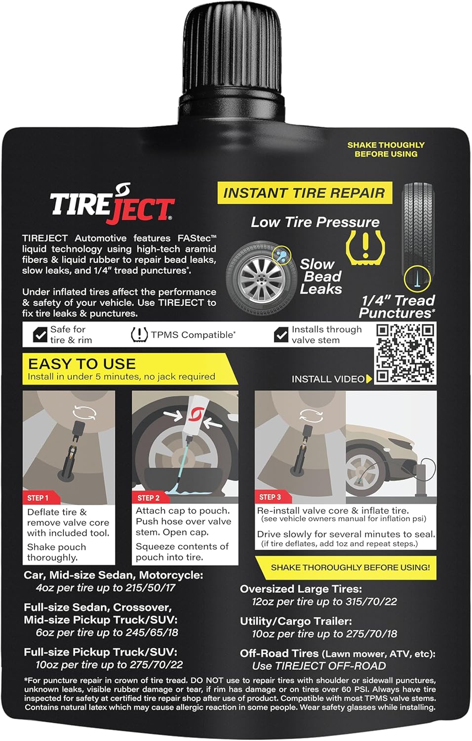 TireJect Automotive Compact Car 2-in-1 Tire Sealant & Bead Sealer Kit for tire Repair of leaks and punctures