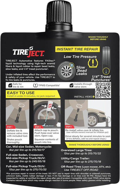 TireJect Automotive Compact Car 2-in-1 Tire Sealant & Bead Sealer Kit for tire Repair of leaks and punctures