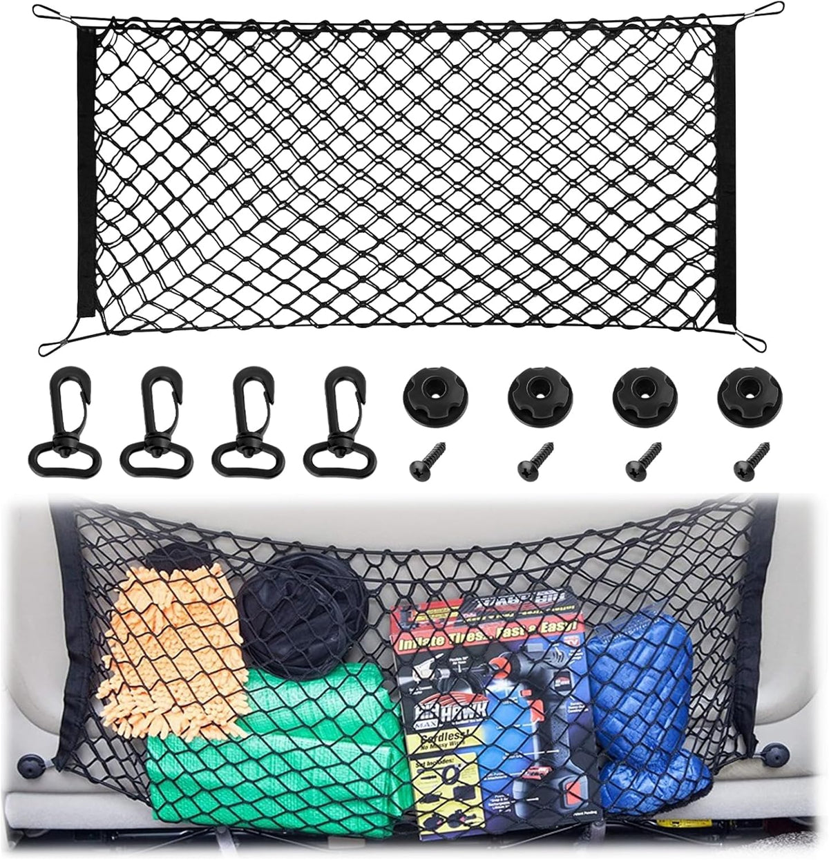 Cargo Net, Premium Dual-Layer Nylon Cargo Net for SUV, Automotive Exterior Accessories, Adjustable Elastic Trunk Net with Hook, Car Accessories for SUV, Truck, Pickup (35.4x15.7 Inch)